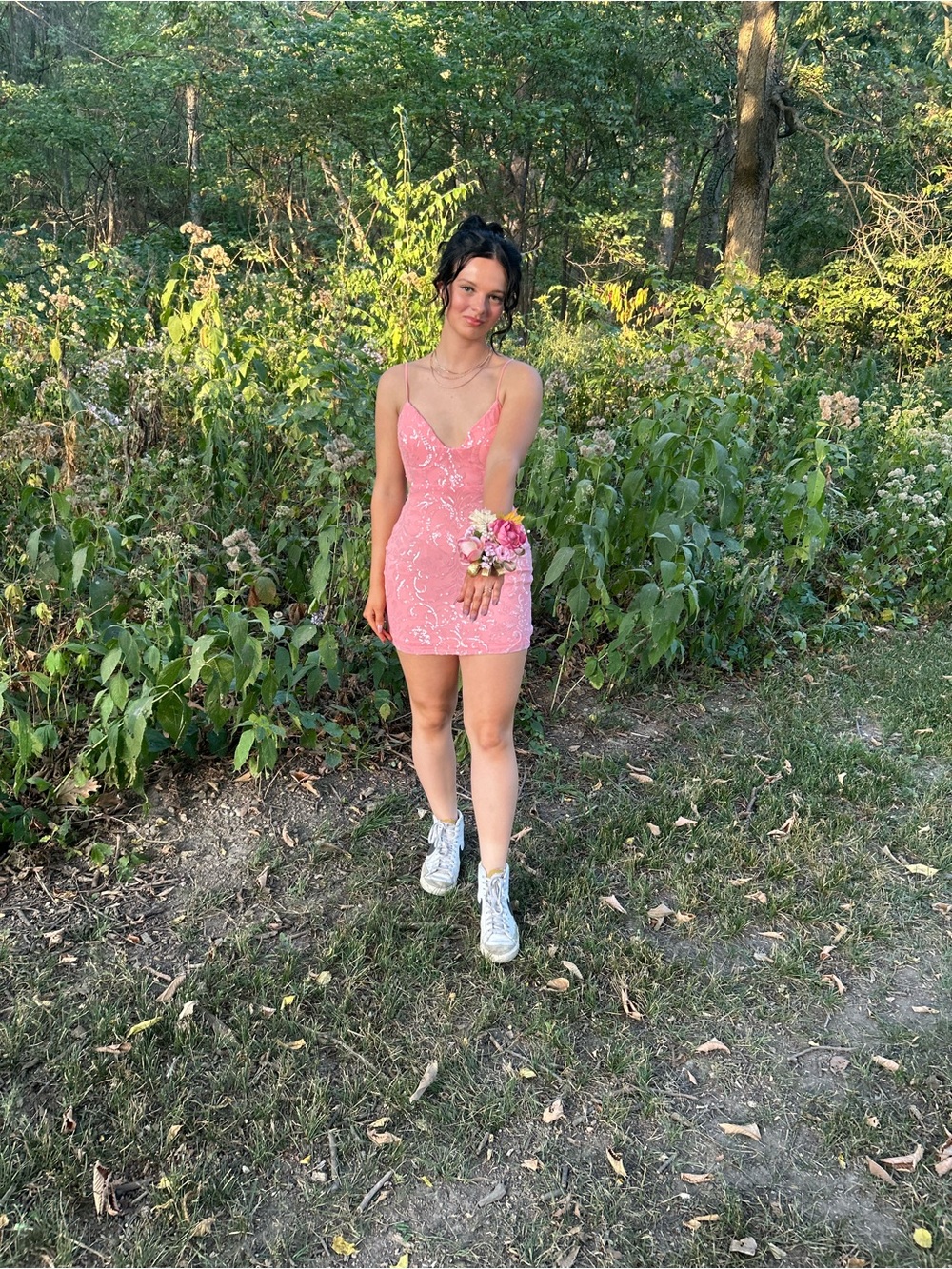 Windsor Pink Lace Spaghetti-Strap Mini Dress